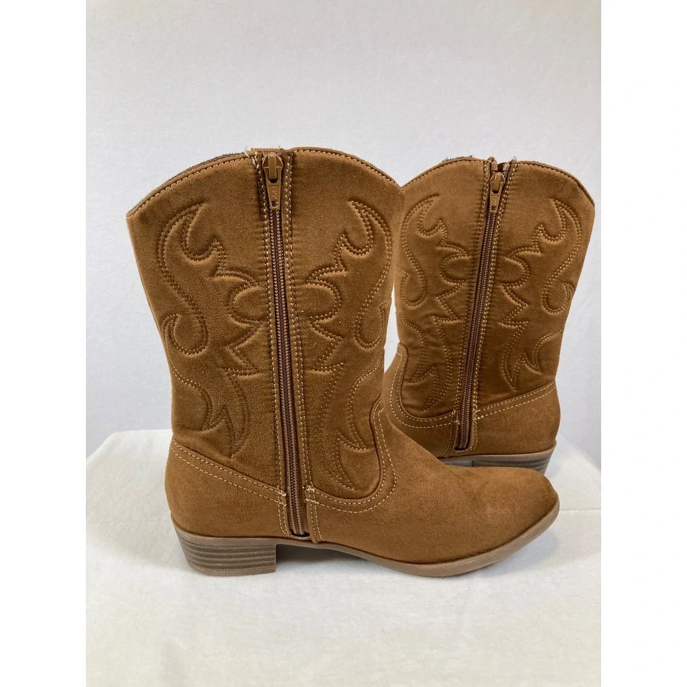 Sonoma‎ Parker Western Cowboy Boots Girls Size 6 Cognac Brown Faux Suede Zip